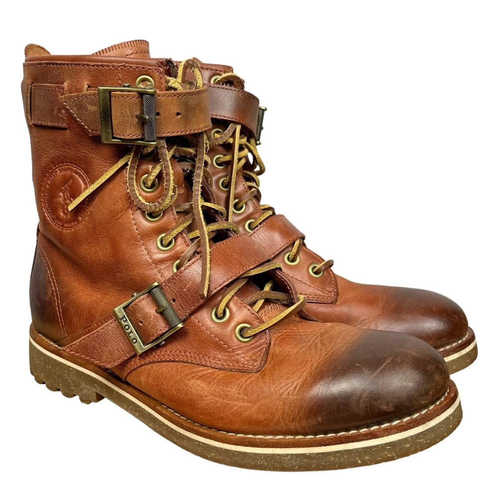 Polo Ralph Lauren Boots Mens 8 D Lace Up Combat Leather Buckle Brown distressed